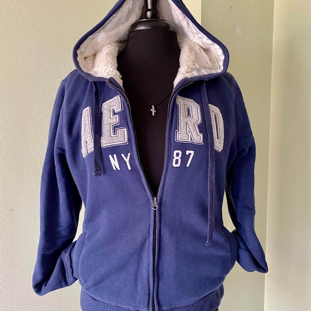 Aeropostale Faux Fur lined Blue Hooded Zip up Embroidered Logo Jacket